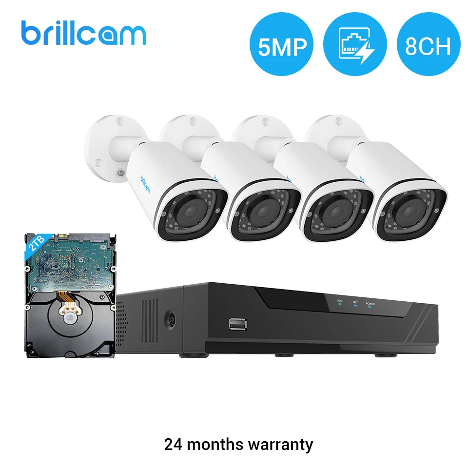 Brillcam H.265 8CH 5MP POE NVR Комплект охранной системы наружная аудио запись IP камера ONVIF