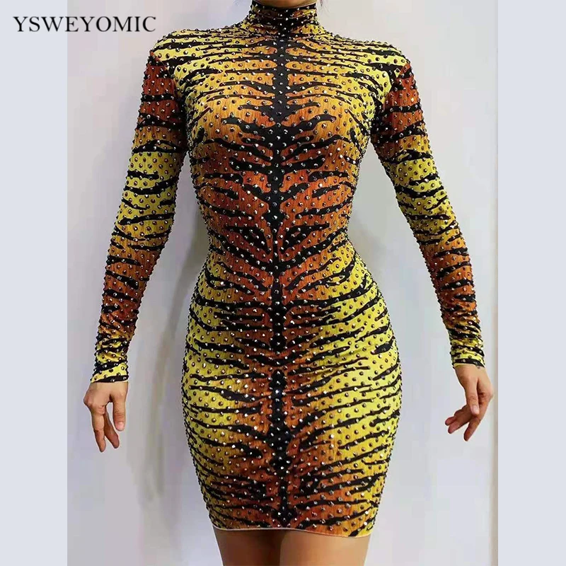 

Sexy Tiger Pattern Printed Short Dress Rhinestones Stretch Outfit Singer Performance Wear Women's Birthday Celebrate Party Dress