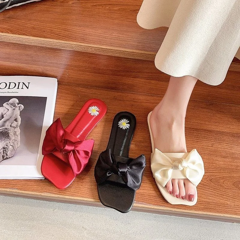 

Shoes Butterfly-Knot Summer Clogs Woman Low Slippers Casual Slides Pantofle Beach Luxury Flat 2021 Butterfly-knot PU Rubber