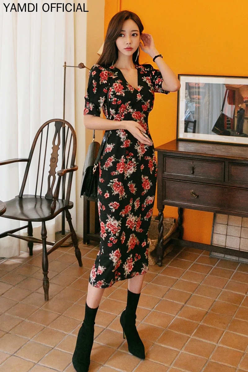 

YAMDI Elastic Waist Dress Women New Bohemian Beach Elegant Slim Print Floral V Neck Dresses Female Woman Half Sleeve Pencil Dres