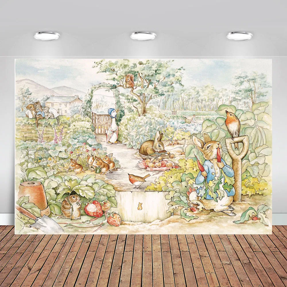 Fundo de Desenho Animado para Foto Peter com Seus Fundo de Vinil Pés para Recém-nascidos Coelho Amigos Vegetais Jardim 7×5