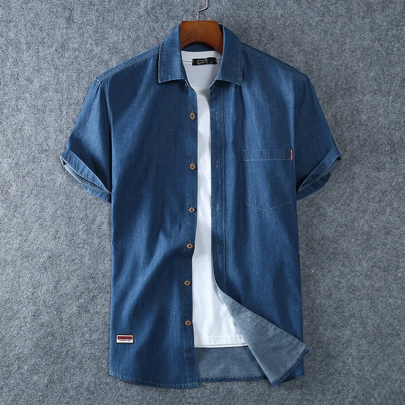 Men's Blue Denim Shirts Short Sleeve Jean Shirts New Summer High Quality Men Cotton Light Blue Denim Shirts Plus size L-8XL
