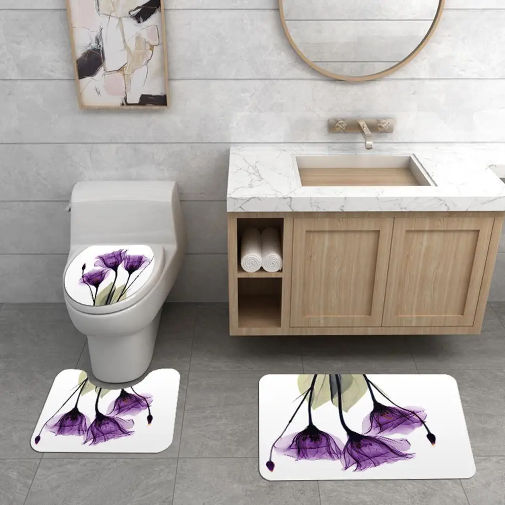 Фиолетовый с цветочным принтом душ Шторы коврик сиденье для унитаза крышка ног |