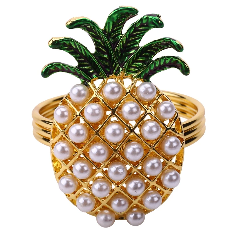 

6Pcs Cute Napkin Rings Pineapple Shape Pearl Beaded Shining Gold Christening Bangle Metal Wedding Gift Party Supplies