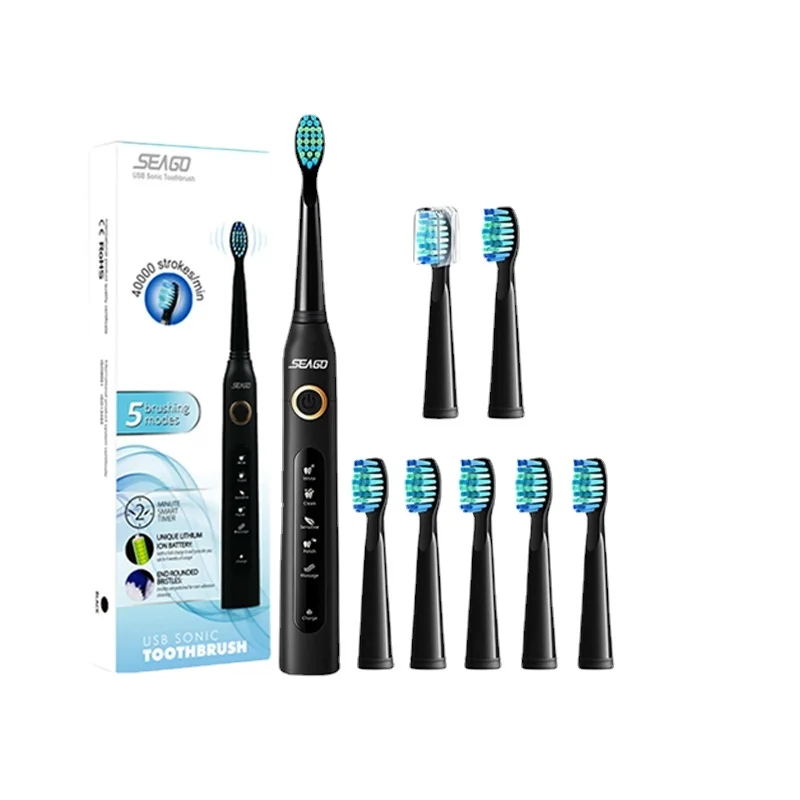 

Seago Sonic Electric Toothbrush SG-507 Adult Timer Brush 5 Modes USB Charger Rechargeable Tooth Brushes Replacement Heads Set