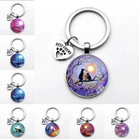 cute cat in the night sky glass cabochon keychain pendant jewelry cat in the womens flower tree charm key ring gift