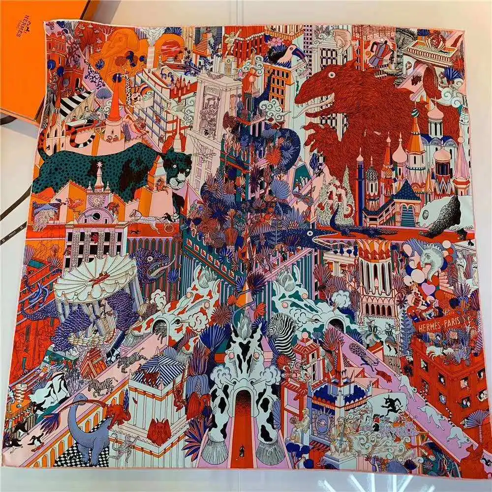 

90cm*90cm Fashion New Arrival Manual Hand Rolled Twill Silk Scarf Women Animals Painting Female Shawl Wrap Echarpes Foulards