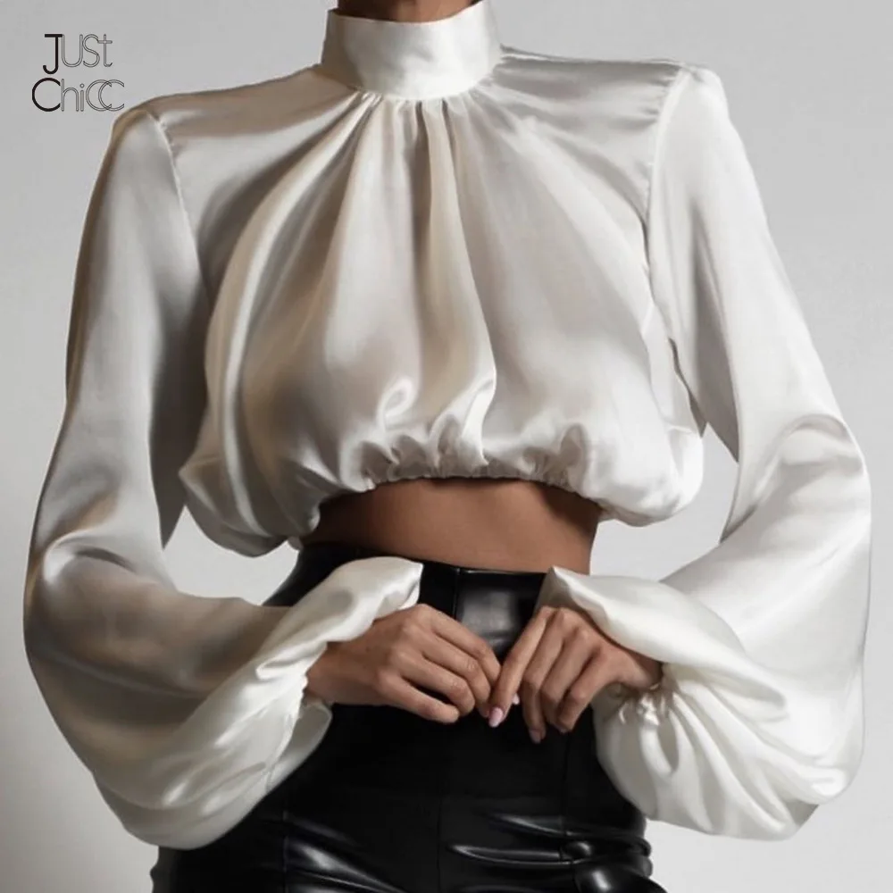 

Justchicc O Neck White Solid Satin Elastic Top Women Hollow Out Long Lantern Sleeves Party Shirt Autumn Sexy Black Crop Top 2020