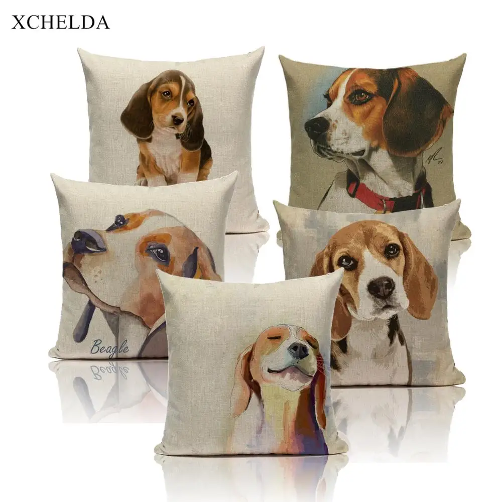 Dog Pillow Cases Animal Pillowcases Cute Beagle Water color 45*45 40*40 for Children Kids Beige fur Linen Cushion Cover