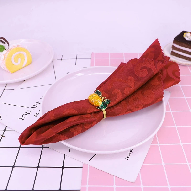 

Alloy Home Yellow Pumpkin Napkin Ring Set of 6 Green Leaf Napkin Buckle for Christmas, Holidays, Wedding,Halloween Party