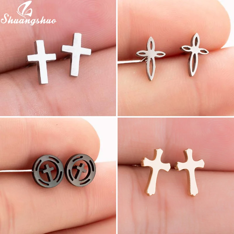 

Shuangshuo Stainless Steel Cross Earring Studs Punk Korean Earrings Crosses Jewelry for Women Tiny Earring oorbellen Party Gifts