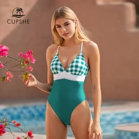 cupshe v neck green gingham one piece swimsuit for women sexy lace up back monokini 2021 new beach bathing suits swimwear