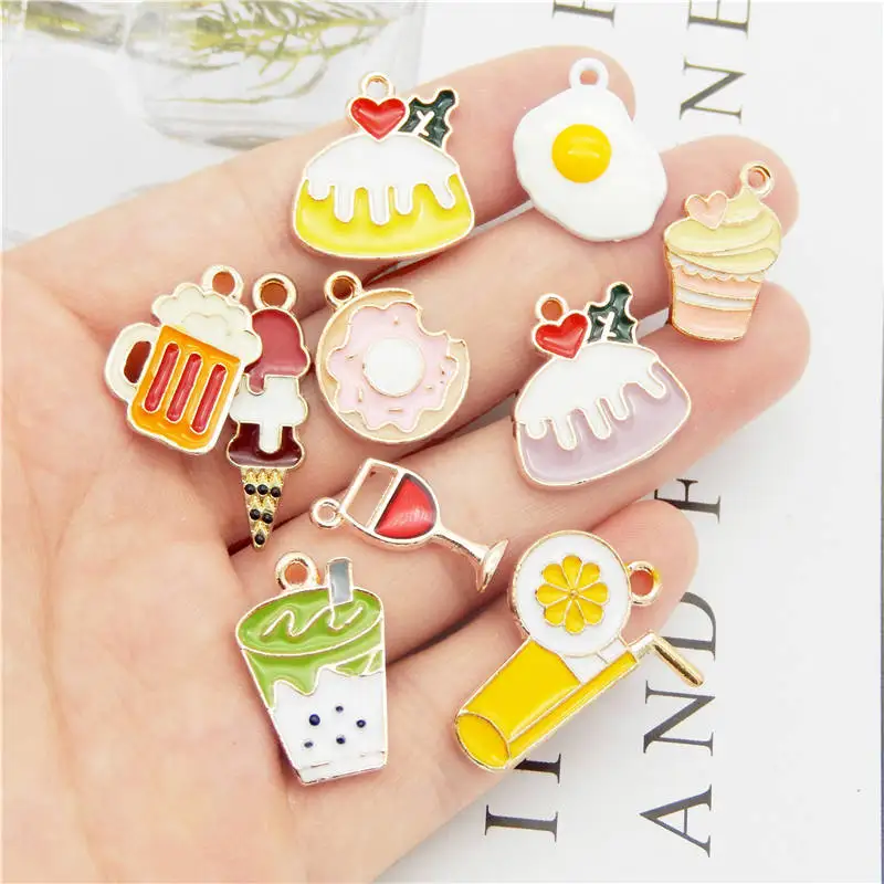 Julie Wang 10PCS Enamel Food Charms Mixed Ice Cream Fruit Juice Cake Fried Egg Wine Beer Alloy  Jewelry Making Accessory