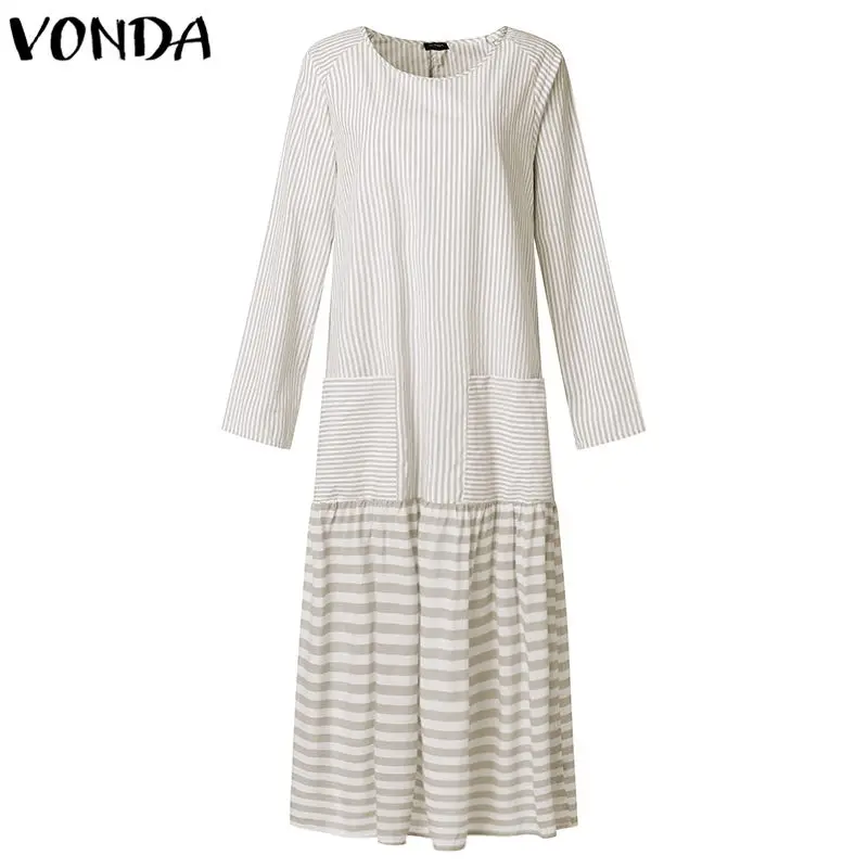 Сексуальные Полосатые лоскутные платья VONDA, женское длинное платье, осень, круглый вырез, длинный рукав, большие качели, повседневные, свободные, Vestidos размера плюс - Цвет: Beige