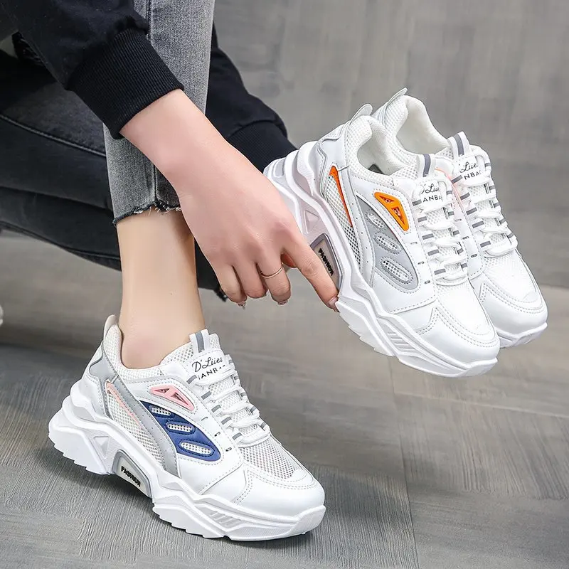 

2021 Women Shoes The New Lace-Up All-match Comfortable Breathable Mesh Sneakers Leather Casual Vulcanize Shoes Platform Shoes