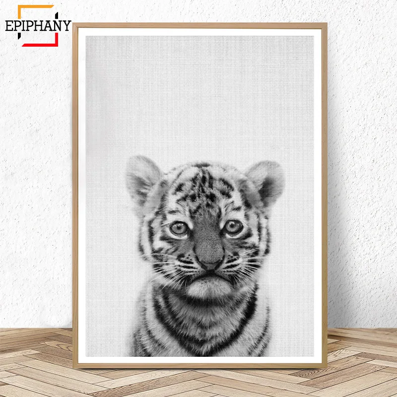 Детский принт с тигром животные настенная живопись холст черно белый постер для