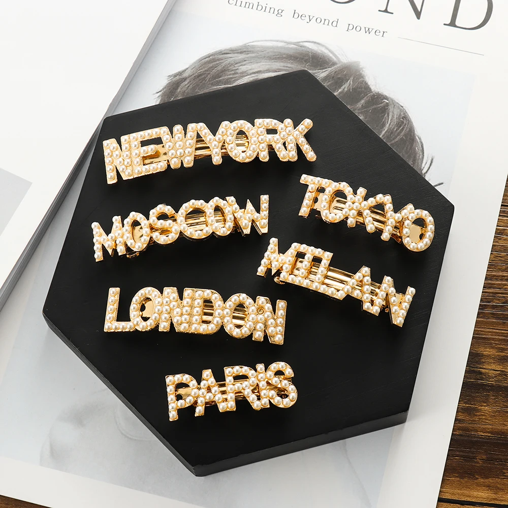Новая мода жемчужные заколки для волос буквы с кристаллами шпилька Нью Йорк