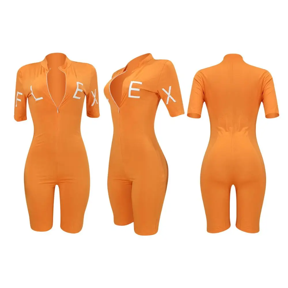 

European summer casual tight solid color one-piece pants fashion slim letter printed zipper short sleeve women's top and shorts