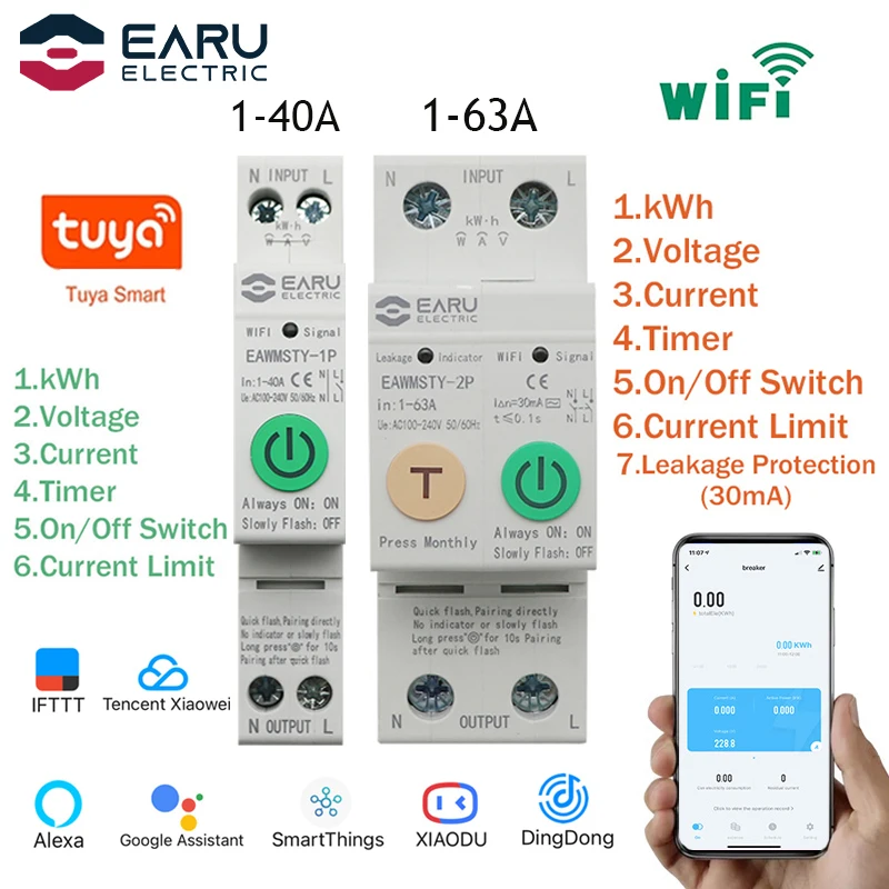 1P+N 2P Tuya WiFi Smart Circuit Breaker Energy Power kWh Meter Timer Switch Relay Voltmeter Current Leakage Protection RCCB RCBO