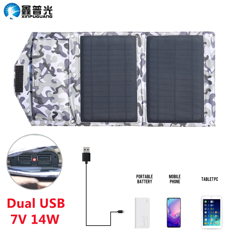 Panel Solar plegable con doble USB, cargador Solar portátil de 14W, resistente al agua, batería externa para teléfono móvil