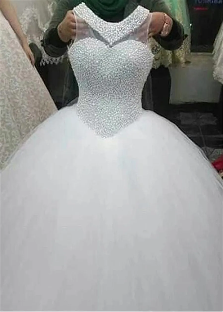 

Изысканное бальное платье из тюля с драгоценным вырезом, свадебные платья 2020 с жемчугом, бисером, без рукавов, с кристаллами, свадебные плат...