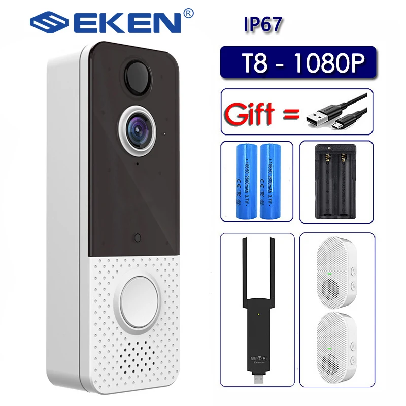 EKEN T8 IP67 Weatherproof Smart Video Doorbell Camera WIFI 1080P Visual Intercom Night Vision IP Door Bell PIR Wireless Cameras |