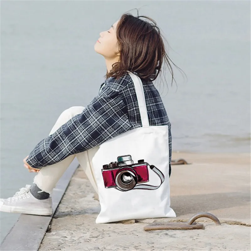 

Ladies Canvas Tote Bag Vintage Camera Graphic Reusable Eco Female Shopping Handbags Shoulder Bag Large Women travel sac shopping