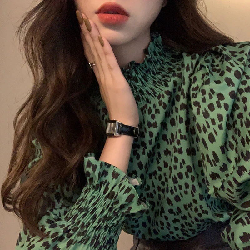 

Blouse Shirts Chiffon Spring 2021 New Korean Fashion Clothing Leopard Print Long-Sleeved Blusas Mujer Women Blouses 9225J