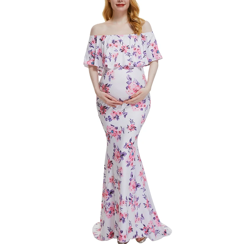 

Women Off Shoulder Ruffles Maternity Dresses Maxi Photography Dress for Photo Shoot Props Clothes Elegant Fitted Baby Shower