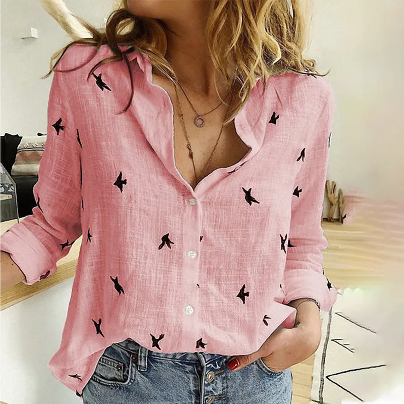 

Women's Birds Print Shirts 35% Cotton Long Sleeve Female Tops 2021Spring Summer Loose Casual Office Ladies Shirt Plus Size 5XL