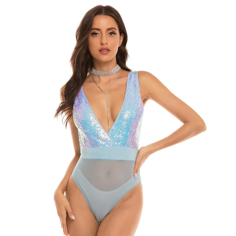 

New sexy women's wear, V-neck, sequins, patchwork, mesh jumpsuit