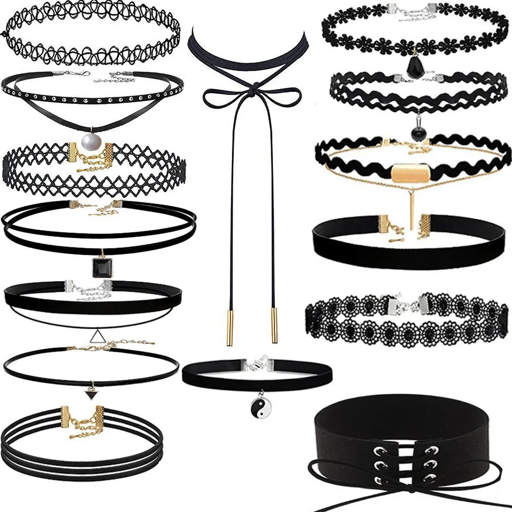 

15pieces Choker Necklace Set Stretch Velvet Classic Gothic Necklace Tattoo Lace Choker Choker Accessories Necklace Bijoux Femme