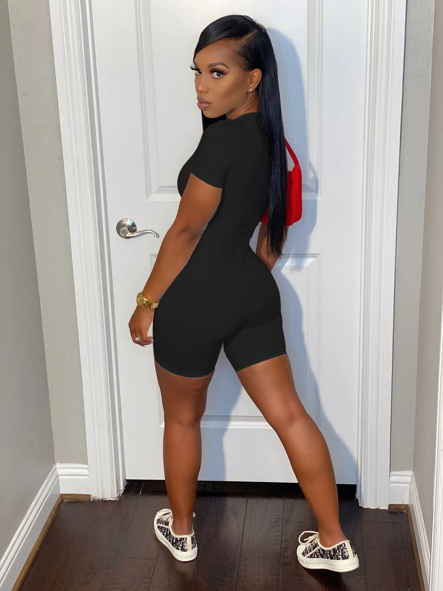 Sexy 2021 Summer Jumpsuit Sporty Short Sleeve Fitness Solid Color Zipper Casual Workout Active Wear Round Neck Womens Jumpsuits