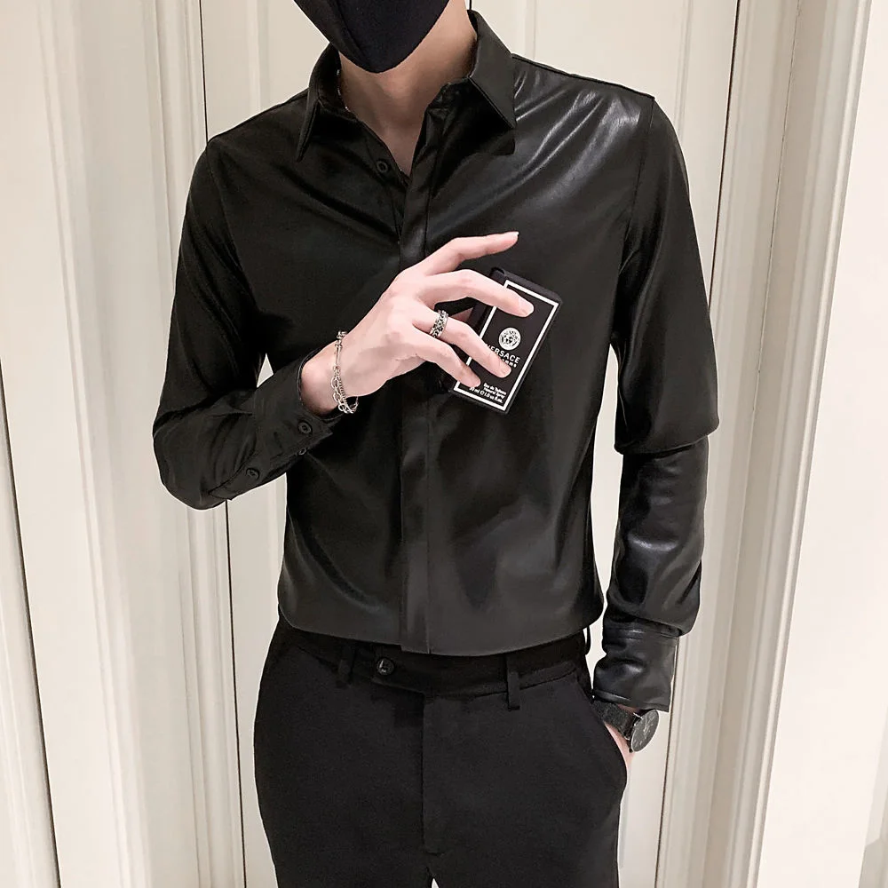 2021 осенне-зимняя мужская Корейская приталенная кожаная рубашка Camisa Social Masculina