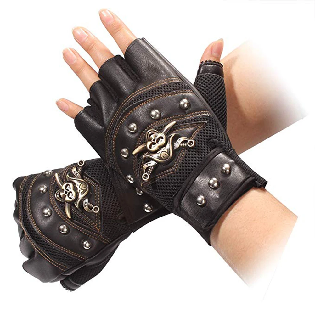 

2 Pairs Biker Gloves PU Leather Skull Half Finger Gloves Driving Motorcycle Men's Gloves Windproof Accessories Outdoor Sports