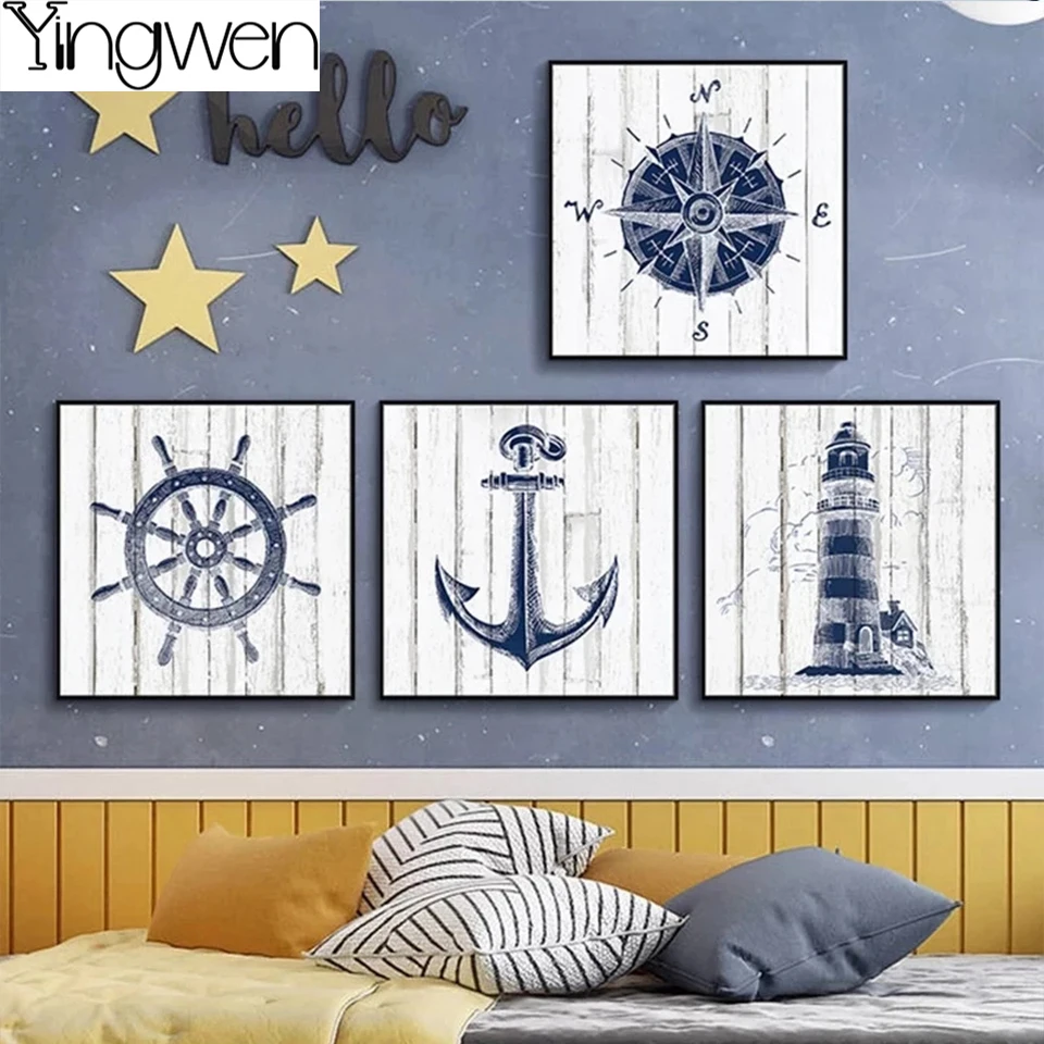 

Nautical Nursery 5D Diamond Painting Mediterranean Navy Pictures Anchor Compass Lighthouse Cross Stitch Kits Boy Room Home Decor