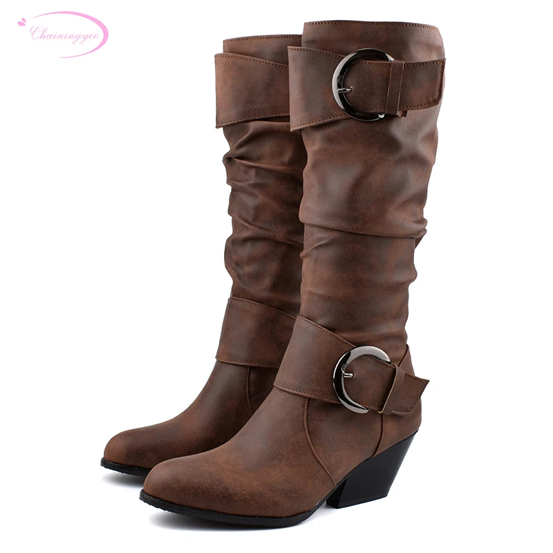 

Street riding boots round head knee-high boots fashion buckle pleated brown yellow black high heels chunky women's shoes