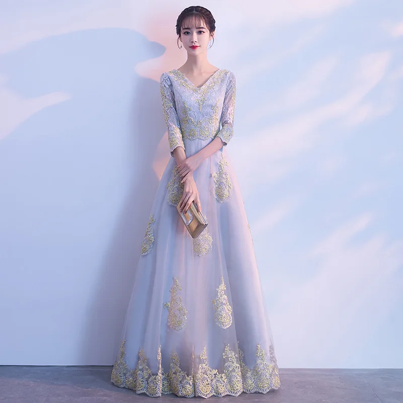 

Noble Gray Evening Party Dress Embroidery Bridesmaid Dress Mandarin Collar Banquet Dress Temperament Cheongsam Plus Size 3XL