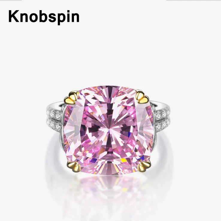 

Knobspin 100% 925 Sterling Sparkling 14*14MM Large High Carbon Diamond Pink Yellow Ring For Women Engagement Party Fine Jewelry
