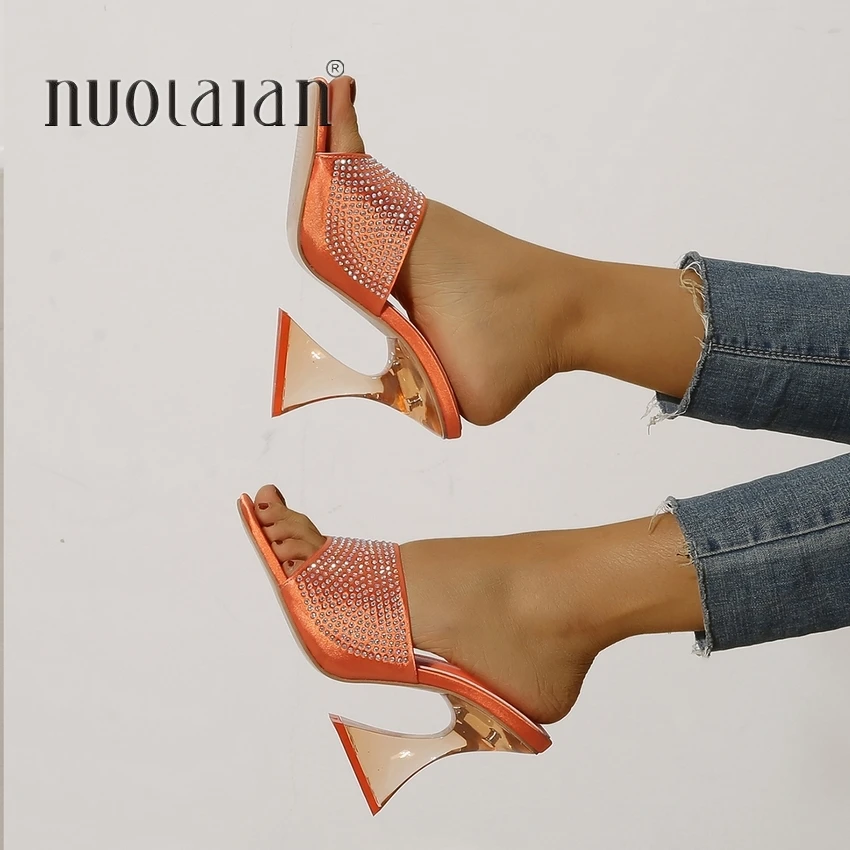 

Сандалии женские на квадратном каблуке, босоножки без задника с кристаллами, пикантная модная обувь с квадратным носком, лето