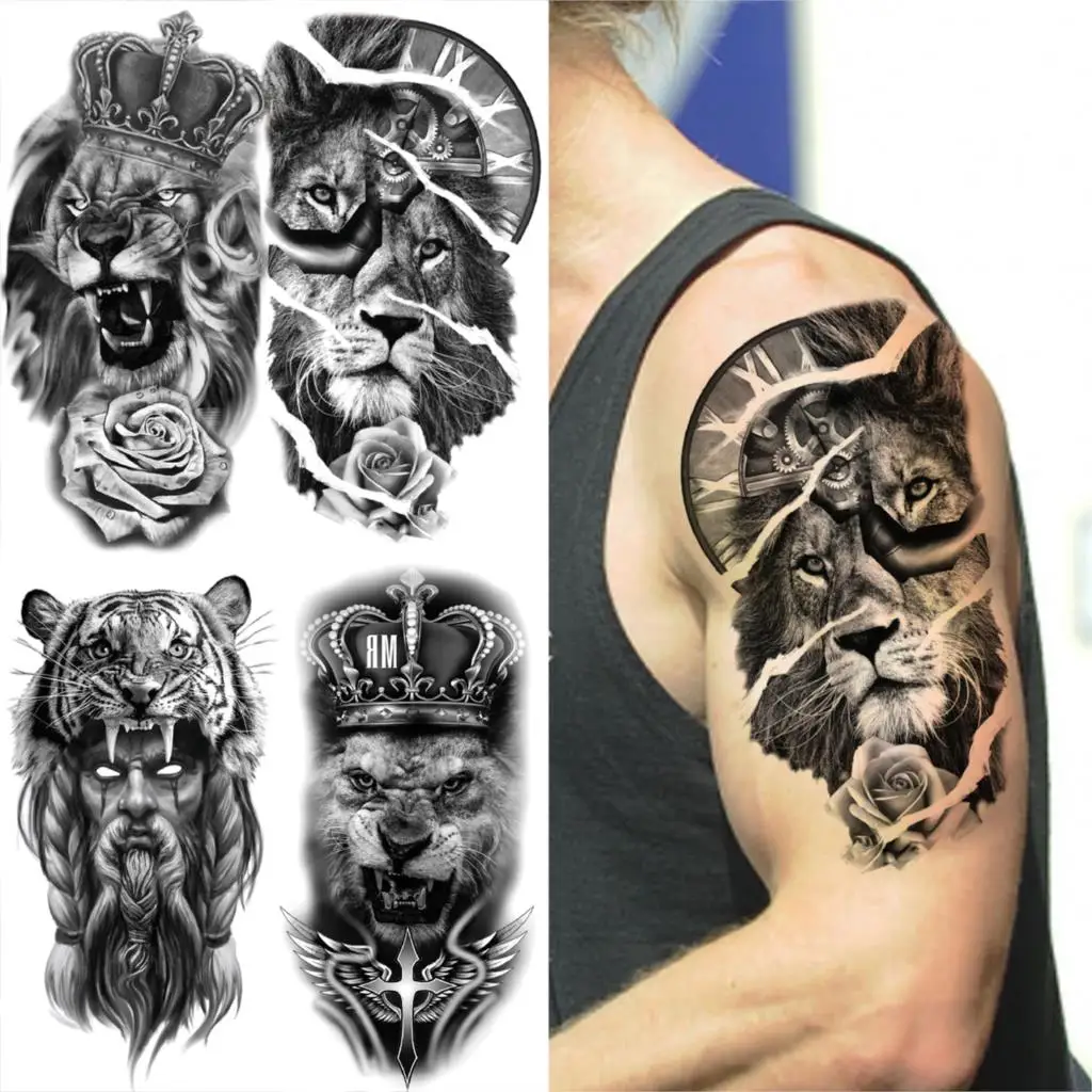 

Large Compass Lion Rose Temporary Tattoo For Men Adults Realistic Fake Tiger Crown Cross Tattoo Sticker Thigh Half Sleeve Tatoo