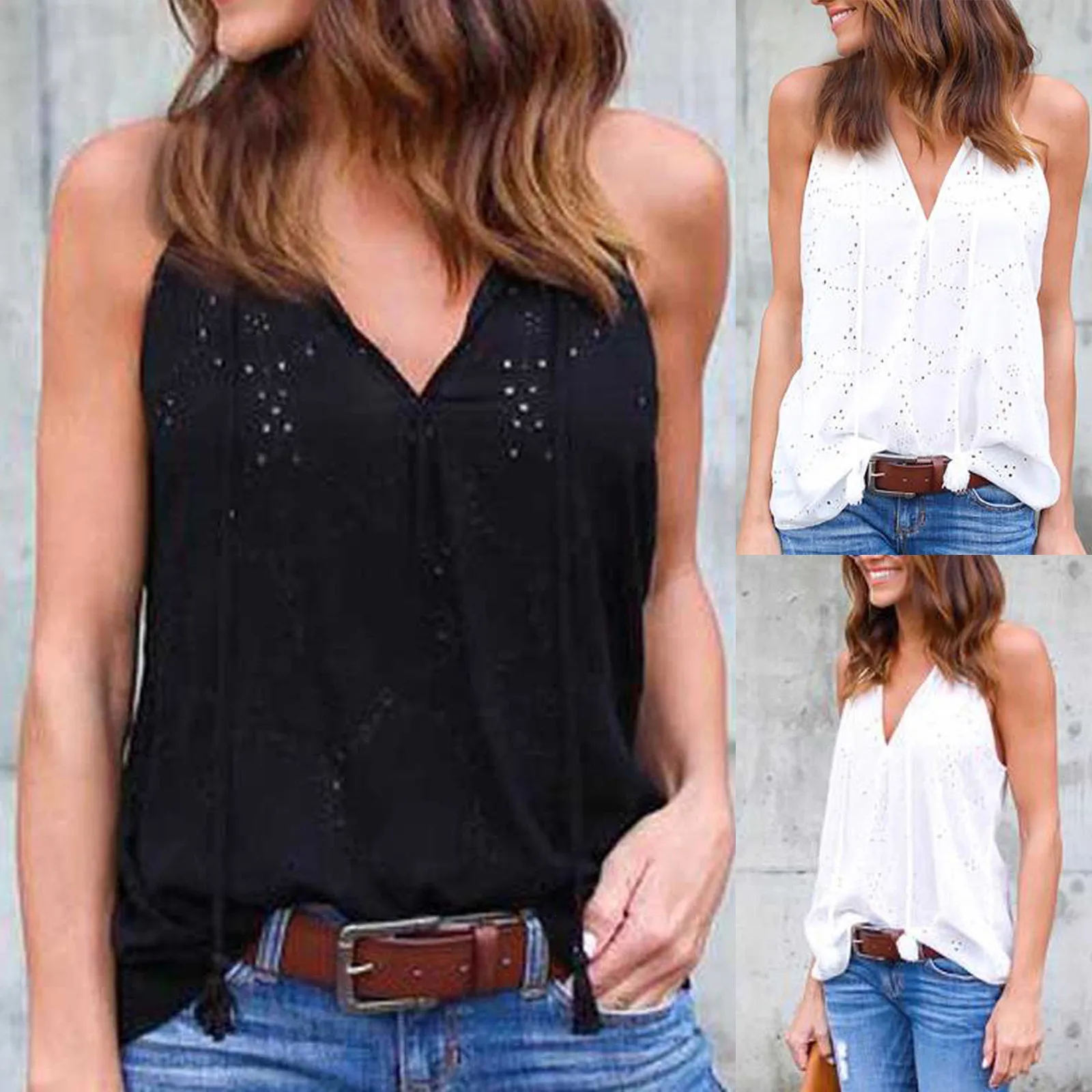 

Solid Tank Y2k Top Women Fashion Sleeveless Vest V-neck Embroidered Straps Black Tops White Shirt топик женский