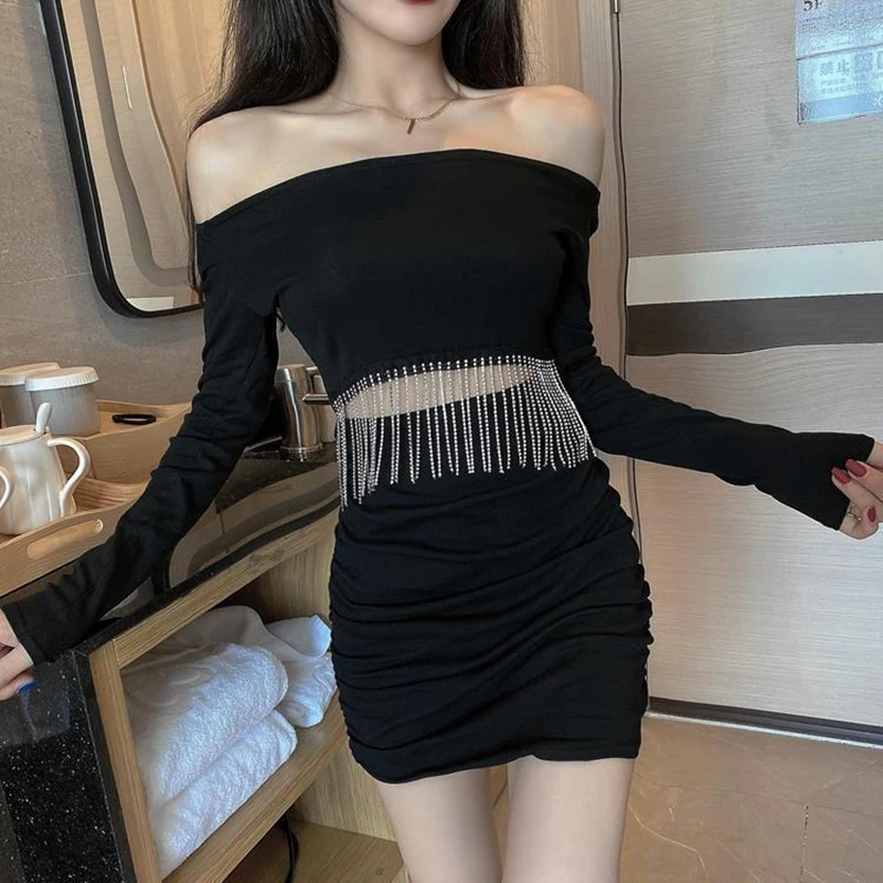 

Caution machine off shoulder tassel evening , usually can wear goddess fan navel sexy dress pleated hip skirt