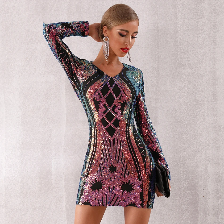 Платье женское Облегающее с блестками длинным рукавом и V образным