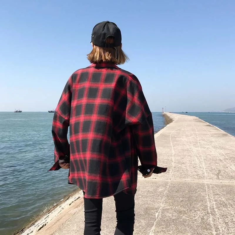 Осень Зима Женская Корейская Вельветовая плотная клетчатая рубашка пальто