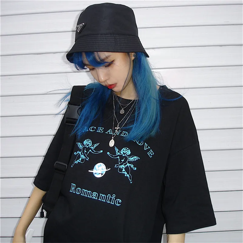 Lychee Harajuku, женские футболки с круглым вырезом и коротким рукавом, черная Свободная Женская летняя футболка с надписью Angel, женская футболка