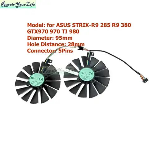 Вентиляторы PLD10015S12H 95 мм VGA GPU, кулер для ASUS GTX970 GTX 970 TI 980 780 STRIX-R9 285 380 FD10015H12S FD9015U12S 12 В постоянного тока, 5 контактов