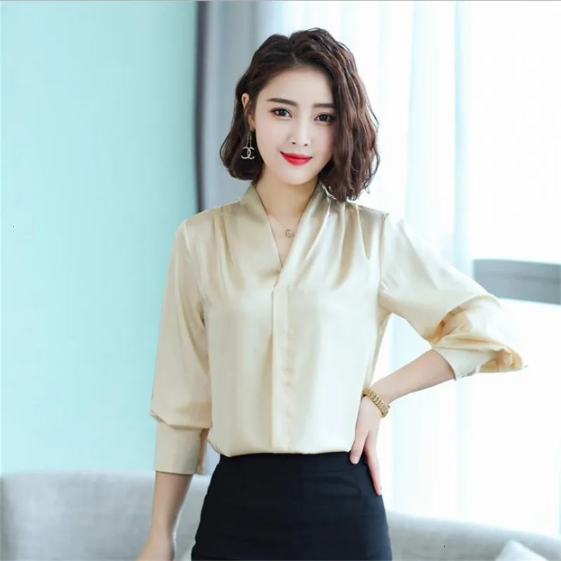 2019 Lente Nieuwe Mode Vrouwen повседневные сексуальные v-образный вырез атласные блузки Lange Mouw