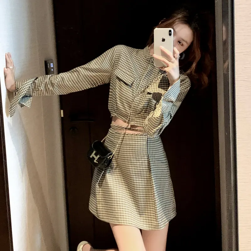 

Casual Summer Two Piece Sets Women Shirt Plaid Crop Tops And High Waist Short Lace Up Skirt Suits Korean Fashion Women Outfits