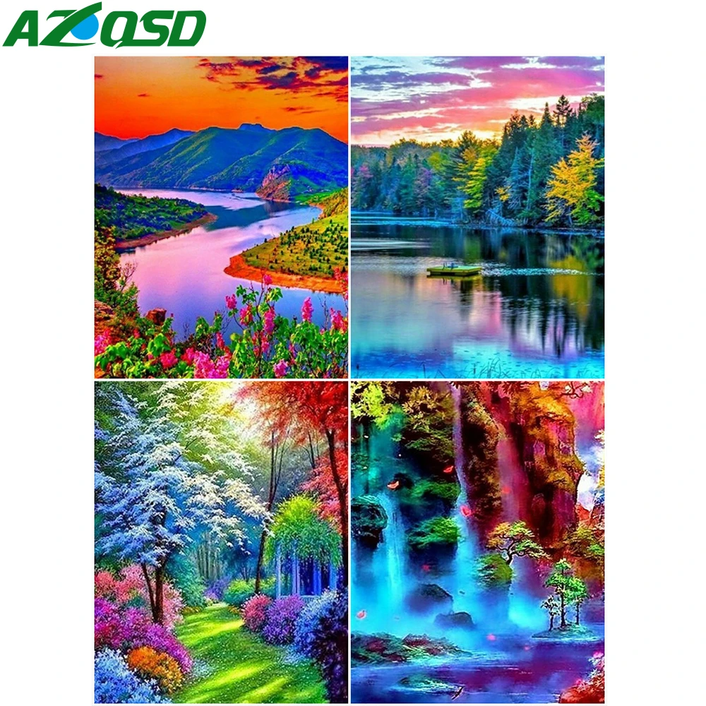 

Раскраска по номерам AZQSD, изображение реки для гостиной, украшение для дома, Раскраска по номерам, пейзаж, ручная работа, подарок